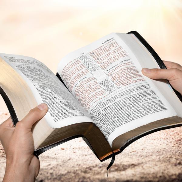Mãos segurando a Bíblia aberta, arte da Quaresma e Lectio Divina