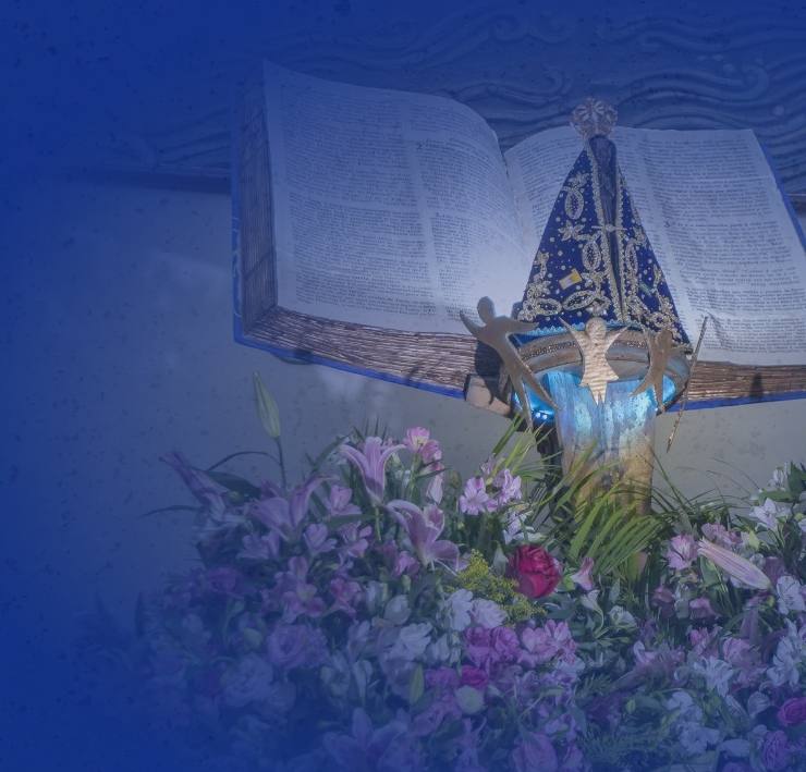 Imagem de Nossa Senhora Aparecida diante da Bíblia aberta, com flores lilases